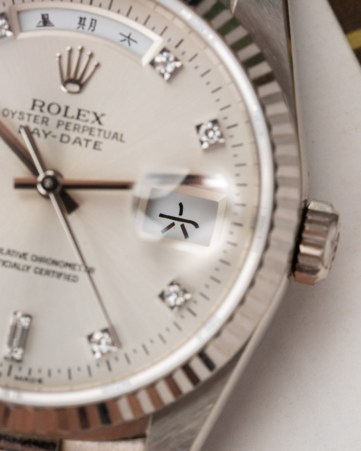 Rolex Day-Date 18239 18k white gold diamond dial Chinese day disc 1991 – photo 4