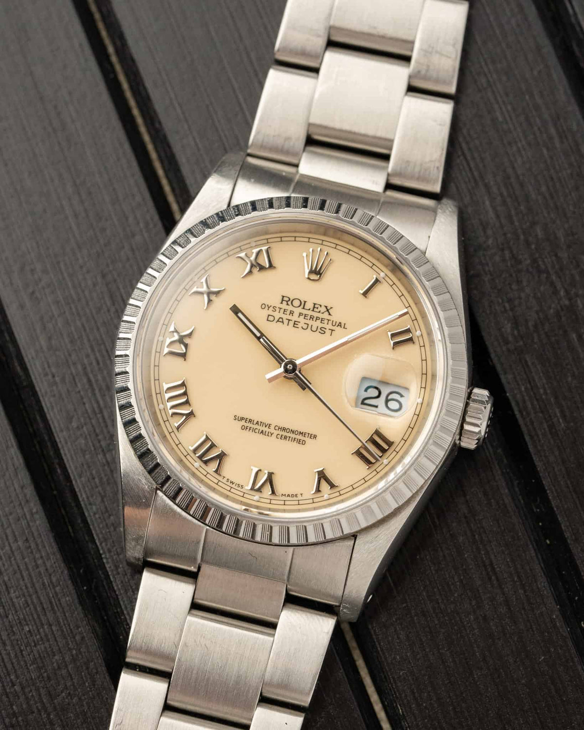 Rolex Datejust Engine-turned Bezel Ivory Dial 16220 Box and Booklets