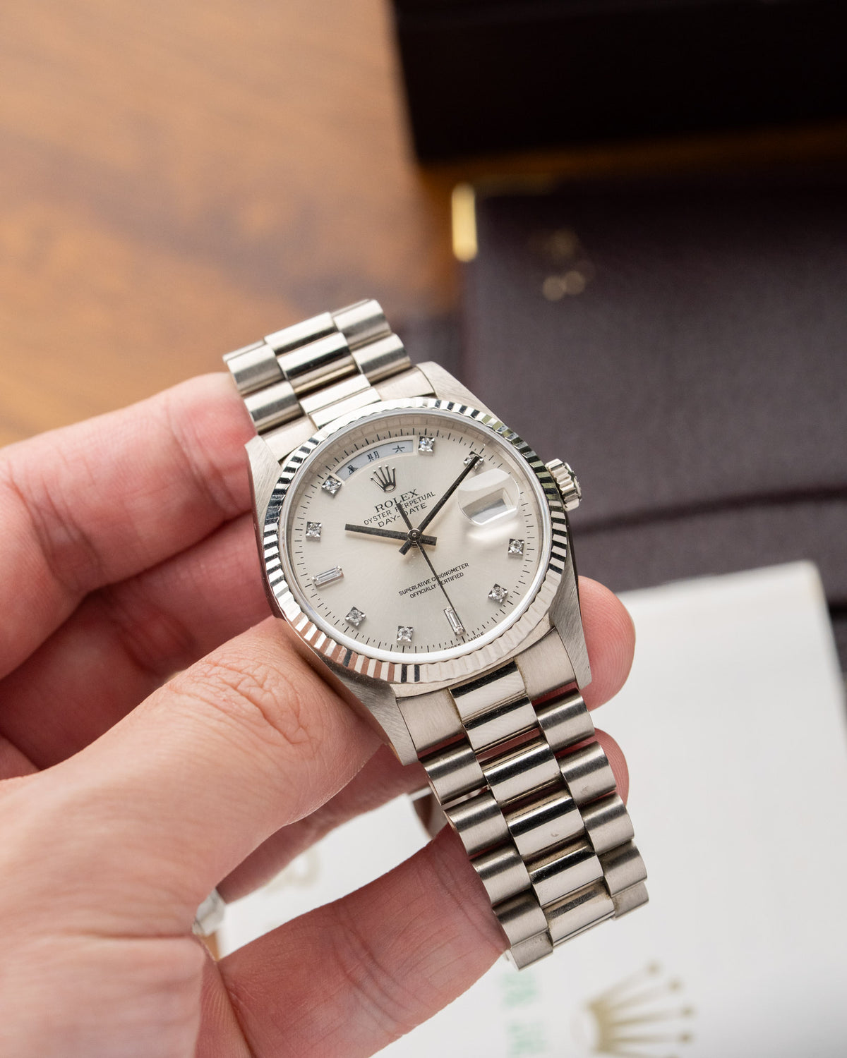 Rolex Day-Date 18239 18k white gold diamond dial Chinese day disc 1991 – photo 9