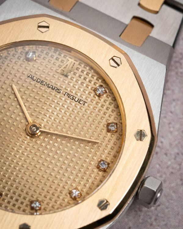 Audemars Piguet Royal Oak 33mm Two-Tone Quartz Macro Dial Close up visible diamond indices 2nd shot