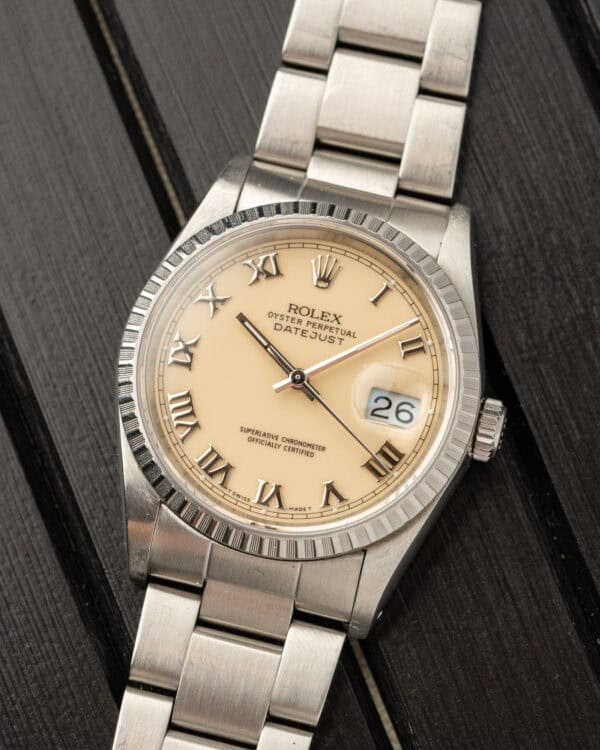 Rolex Datejust Engine Turn Bezel Ivory Dial 16220 Flat lay